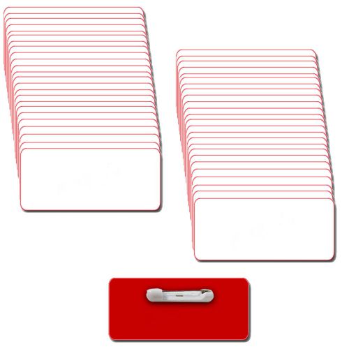 50 BLANK 1 1/2 X 3 WHITE / RED NAME BADGES TAGS 1/8&#034; CORNERS &amp; SAFETY PIN BACKS