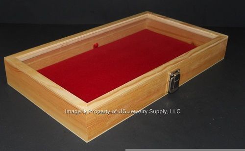 1 natural wood glass top lid key lock red pad display box case medals jewelry for sale