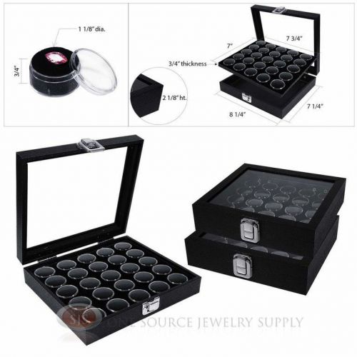 (3) black 25 gem jar inserts w/ glass top display cases gemstone storage jewelry for sale