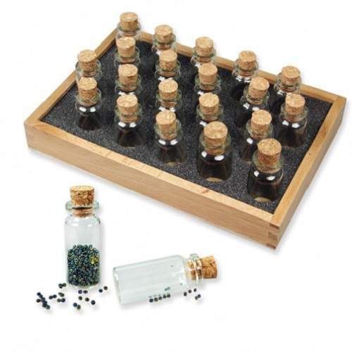 Wooden Storage Tray Craft/Beads w/24 Large Glass Bottles