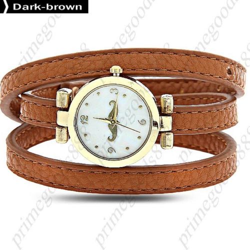 Mustache gold pu leather quartz wrist wristwatch lady ladies women&#039;s dark brown for sale