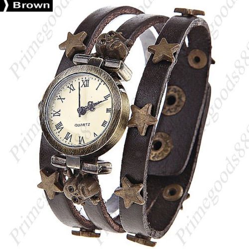 Stars Skull Analog PU Leather Quartz Wrist Lady Ladies Wristwatch Women&#039;s Brown