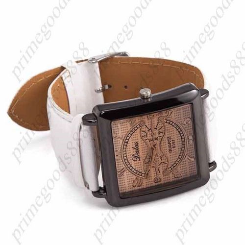 Square Dial Wrist Alloy Case White Faux Leather Band Quartz Wristwatch Women&#039;s