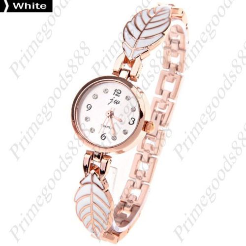 Leaf Bracelet Bangle Gold Golden Quartz Lady Ladies Wristwatch Women&#039;s White