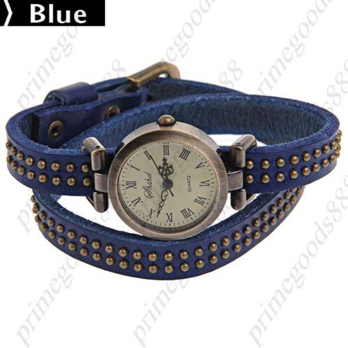 Pu leather quartz analog wrist bracelet watch bangle wristlet with rivet blue for sale