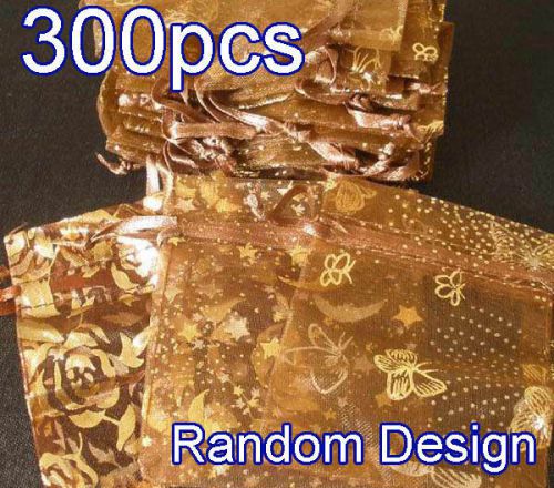 300x Random Design Brown Coffee Organza Bag Pouch for Gift 7x9cm(2.7x3.5&#034;)