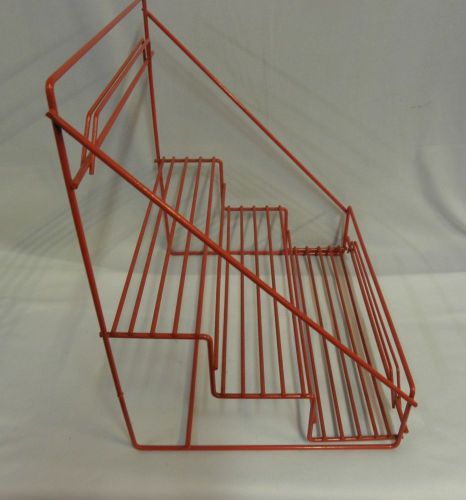 Great retro red plastic coated three shelf wire display sign holder 0011010 for sale