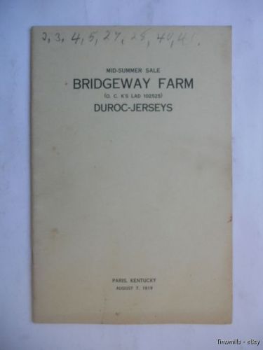 1919 Bridgeway Farms Duroc Hogs Swine Sale Auction Booklet Paris KY, Original