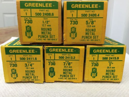 Greenlee 730 round knockout punch set consisting of 1/2”, 5/8”, 3/4”, 7/8”, 1”