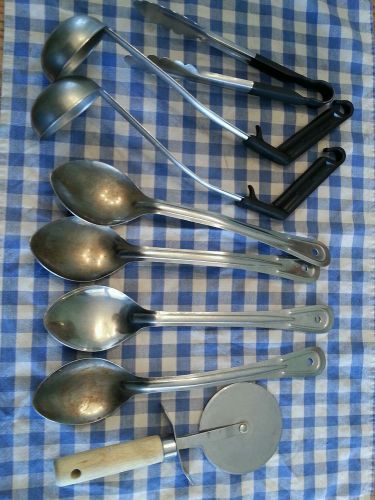 Lot of commercial stainless spoons, landles, tongs and a pizza cutter