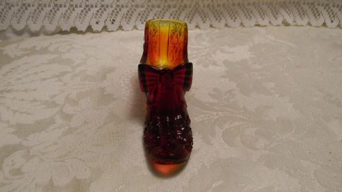 Vintage Ruby Red Glass Bow Fenton Shoe / Slipper With Daisy Pattern