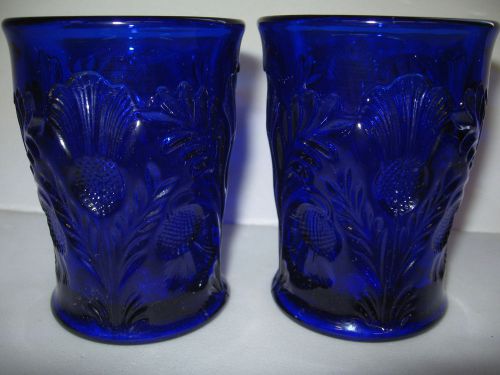 pair of Cobalt Blue glass inverted thistle pattern tumblers / cups goblets water