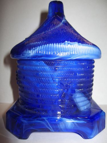 Cobalt Blue and white milk slag glass serving honey pot bee hive pattern jar art