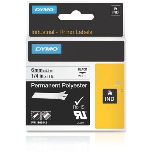 Dymo 1805442 Rhino Black on White ID Label - 0.25&#034; x 18 ft Polyester Thermal