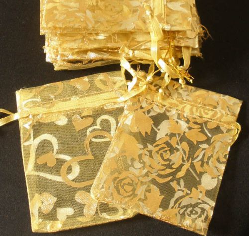 100pcs Yellow Pattern Organza Drawstring Wedding Gift Pouch Bags 2.7x3.5&#034; Gift