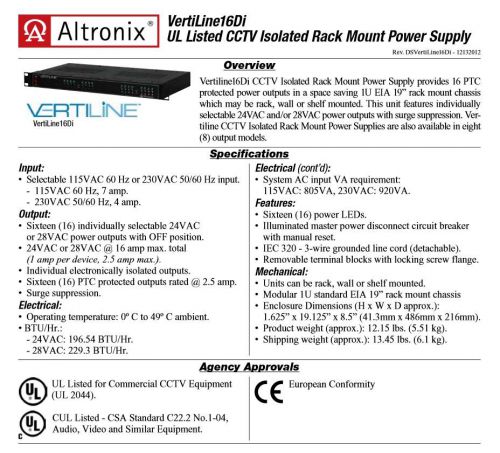 altronix vertiline16Di Isolated Rack Mount Power Supply 16 PTC protected power