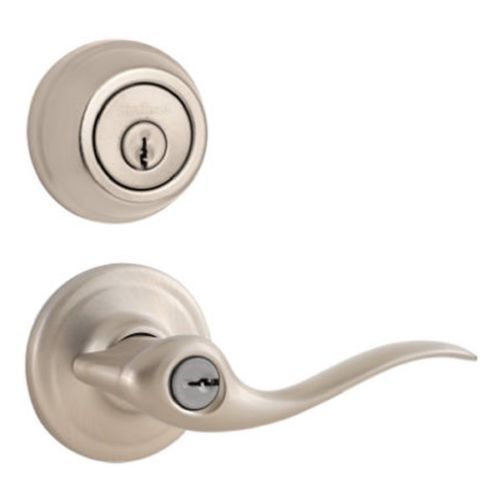 Kwikset 91860-056 keyed entry lever with dead bolt combo pack in satin nickel for sale