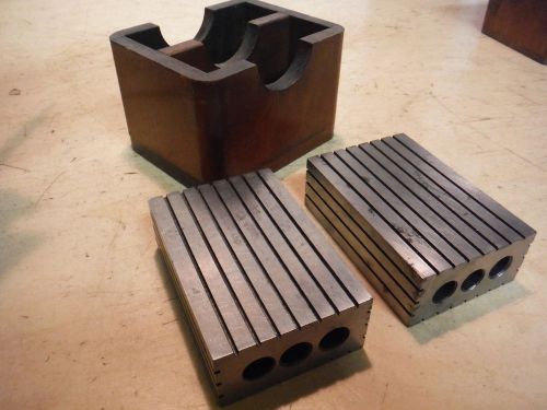 Vintage toolmaker machinist 1,2,3 blocks with custom wood box jig fixture for sale