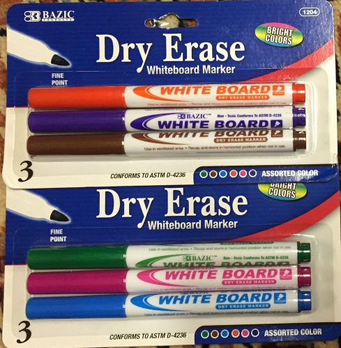 Bazic Dry Erase Whiteboard Marker 2 Packs of 3 Markers - 6 Colors Total - NEW