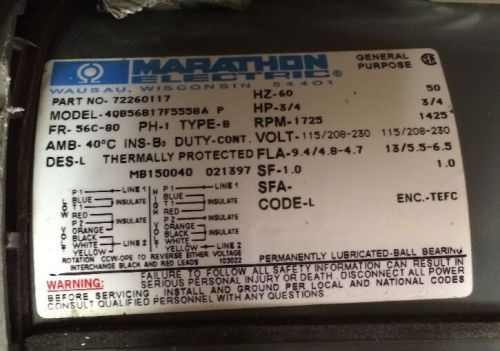 Marathon Electric Motor 3/4 HP  1725 RPM  115/208-230 Volt Model 4QB56B17F5558A