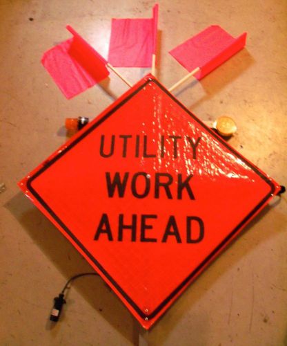 Utility work ahead 48&#034;x48&#034; vinyl roll up construction sign 12 v light&#039;s for sale