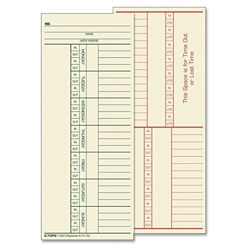 TOPS Time Cards, Weekly, 2-Sided, Named Days, 3-3/8&#034; x 8-1/4&#034;, Manila, Green/Red