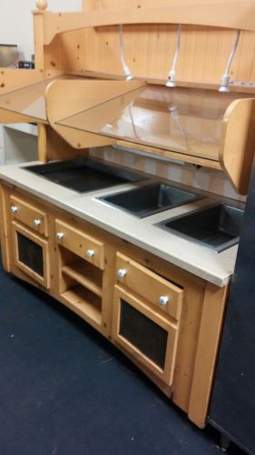 Used 3 Well Host Self Serve Counter w/ Wood / Glass Sneeze Guard
