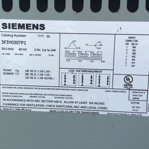 Siemens ite transformer 30 kva pri 480v sec 208y/120 3 ph dry type 3f3y030 for sale
