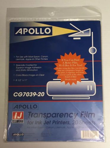 Apollo Ink Jet Printer Transparency Film 20 Sheets CG7039 Non Striped NEW