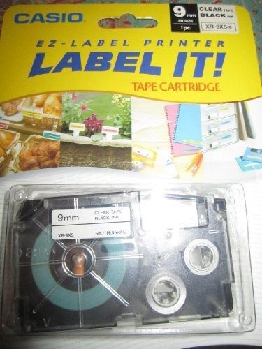 Casio tape cassettes for ez-label printer, 3/8&#034;, clear/black xr-9x5-s for sale