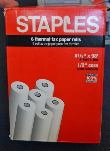 STAPLES 6 THERMAL FAX PAPER ROLLS 8 1/2&#034; X 98&#039; , 1/2&#034; CORE, #269571-US, NEW!