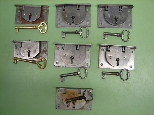 Nos 7 blanket chest tool box lock &amp; skeleton keys 5 corbin &amp; 2 other 1 3/4&#034; x 3&#034; for sale