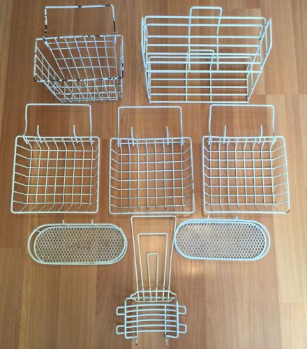 Old vtg used metal wire frame white coated peg board mount rack basket lot of 9 for sale