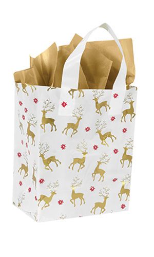 Case of 100 New Medium Reindeer Magic Frosted Shopping Bag 8” x 5” x 10”