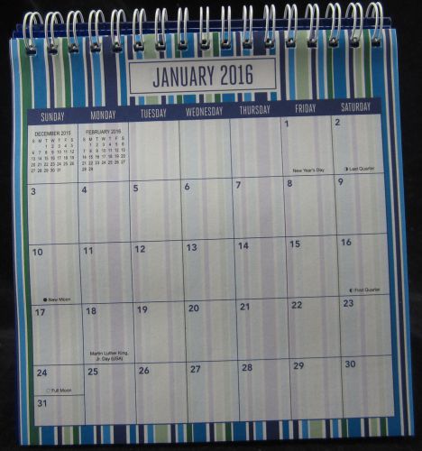 Blue Teal &amp; White 2016 Desk Calendar easel back Stand 6 x 6 New and Sealed
