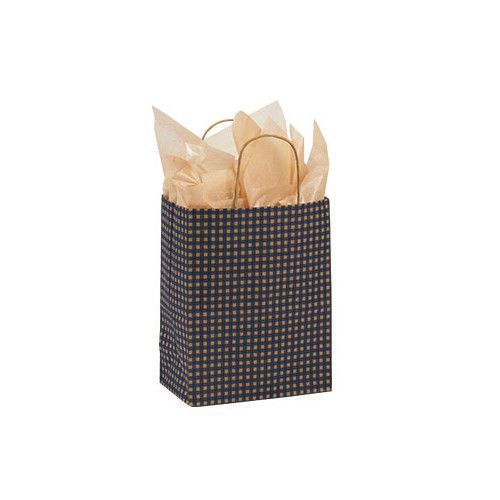 Count of 25 Medium Blue Gingham Paper Shopper 8” x 4  1/2 ” x 10  1/4 ”