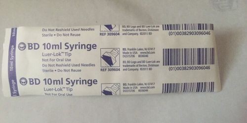 Bd 10ml luer-lik tip syringe ref# 309604 qty/10 individually sealed syringe for sale