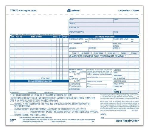 Adams Auto Repair Order Forms 8.5 x 7.44 Inch 3-Part Carbonless 50-Pack White...