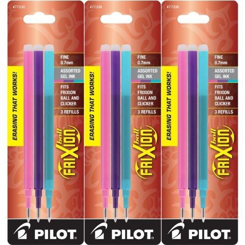 Pilot Refills for Frixion Erasable Gel Ink Pens, Fashion Assorted, Pack of 9