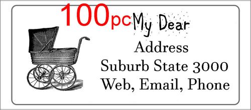 100 Personalised return address label custom mailing sticker 56x25mm baby buggy