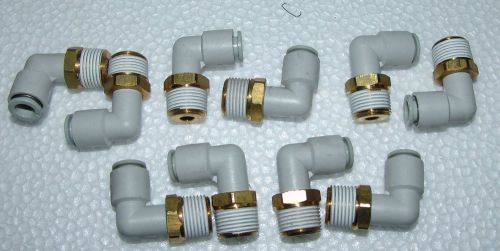 (10) SMC pneumatic fitting elbow 3/8&#034;  NPT brass 8mm push to connect