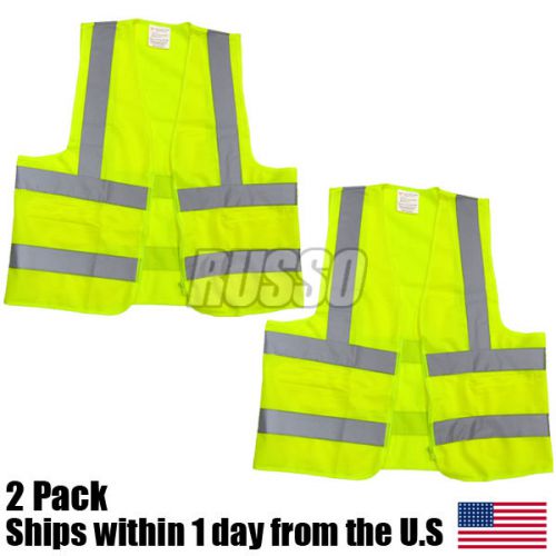 (2) Medium Neon Green High Visibility Zipper Front Safety Vest Reflective