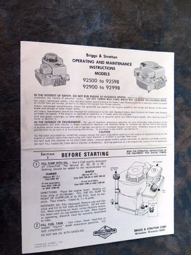 Briggs &amp; Stratton Operating &amp; Maintenance Instructions 92500 to 92598 / 92900 to