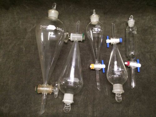 Lot 5 each seperatory funnel w/teflon, ground glass stopcock, valve lab glass for sale