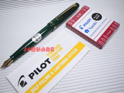 Pilot 78G 22K Gold Fountain Pens, Green Pen Broad Nib + 6 BK IC-50 cartridges