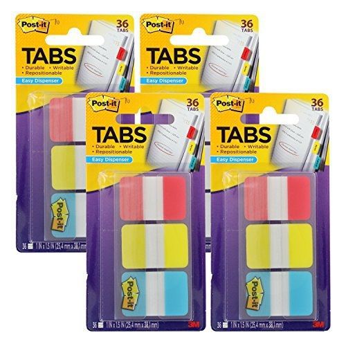 3M Post-it Tabs, Solid, Red, Yellow, Blue, 1 Inch, 12 Tabs Per Color, 36 Tabs,