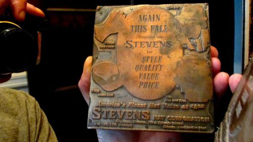 VINTAGE STETSON STEVENS FEDORA HAT HATS COPPER ON WOOD ADVERTISING PRINT BLOCK