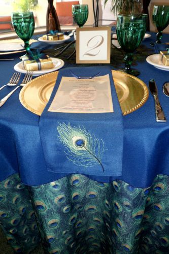 Navy Hemmed Peacock Feather Napkins  -8 (and More)  20&#034; x 20&#034; Wedding Linen