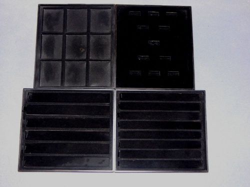 Set, Lot of 4 - 8&#034; Black Jewelry Display Trays - Includes 4 Velvet Inserts