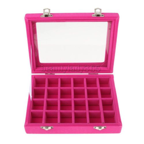 24 Compartment Velvet Jewelry Display Box Rings Nails Organizer Rose Red
